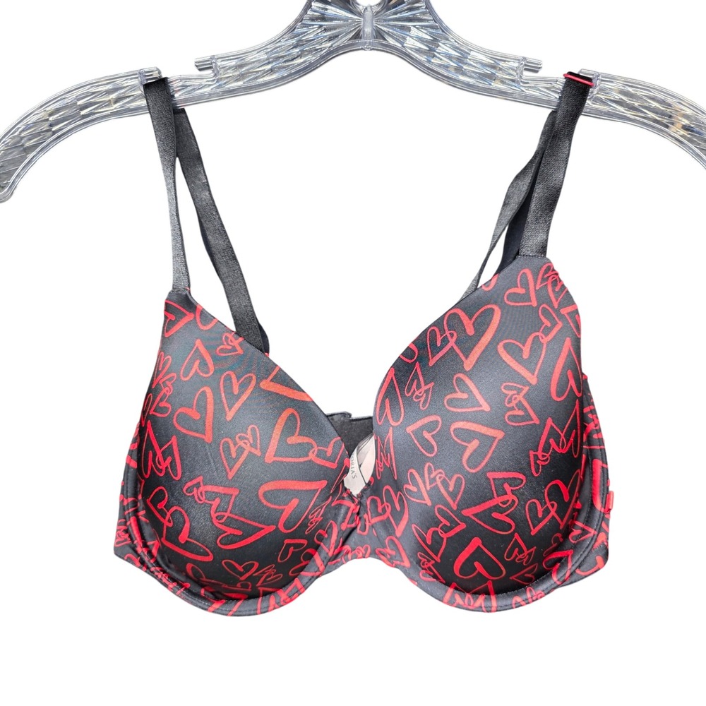 Victoria's Secret Lined Demi Bra 34DDD Black Red Heart Print Underwire Lingerie